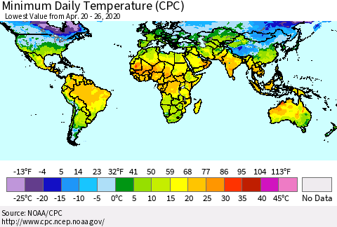 World Minimum Daily Temperature (CPC) Thematic Map For 4/20/2020 - 4/26/2020