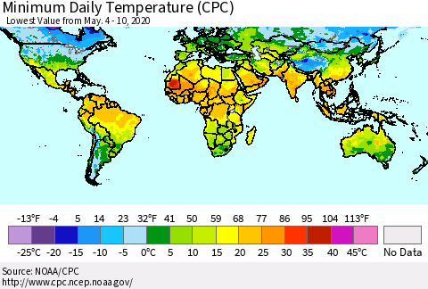 World Minimum Daily Temperature (CPC) Thematic Map For 5/4/2020 - 5/10/2020