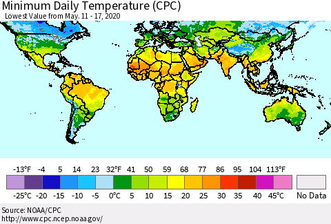 World Minimum Daily Temperature (CPC) Thematic Map For 5/11/2020 - 5/17/2020