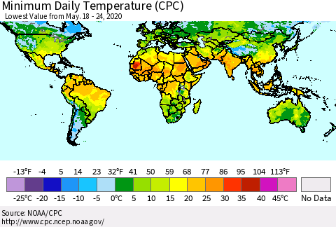 World Minimum Daily Temperature (CPC) Thematic Map For 5/18/2020 - 5/24/2020
