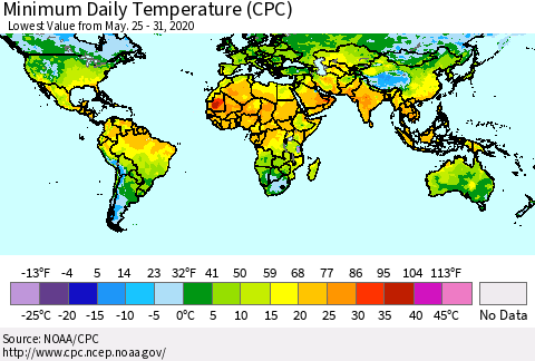 World Minimum Daily Temperature (CPC) Thematic Map For 5/25/2020 - 5/31/2020