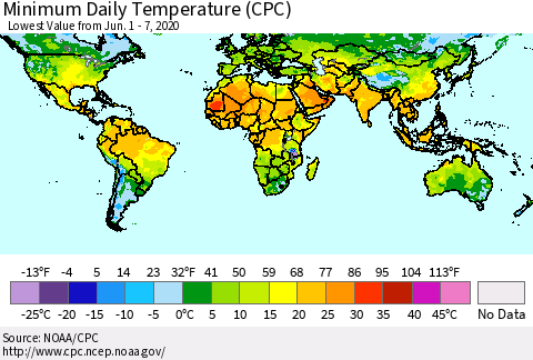 World Minimum Daily Temperature (CPC) Thematic Map For 6/1/2020 - 6/7/2020