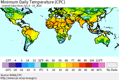 World Minimum Daily Temperature (CPC) Thematic Map For 6/8/2020 - 6/14/2020
