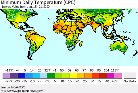 World Minimum Daily Temperature (CPC) Thematic Map For 6/15/2020 - 6/21/2020