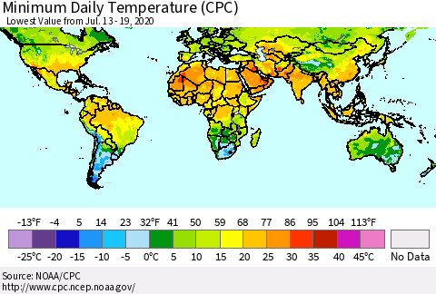World Minimum Daily Temperature (CPC) Thematic Map For 7/13/2020 - 7/19/2020