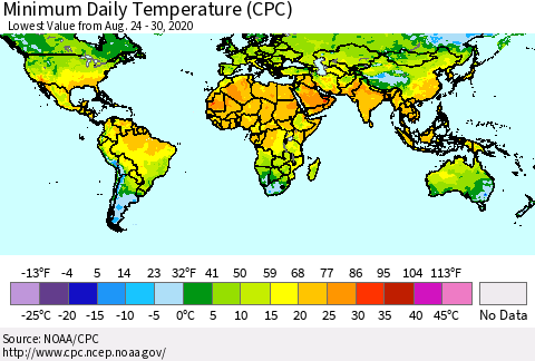 World Minimum Daily Temperature (CPC) Thematic Map For 8/24/2020 - 8/30/2020