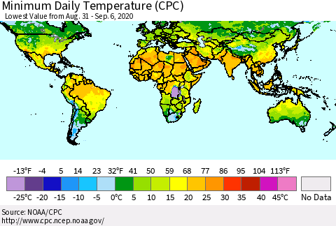 World Minimum Daily Temperature (CPC) Thematic Map For 8/31/2020 - 9/6/2020
