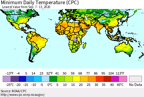World Minimum Daily Temperature (CPC) Thematic Map For 9/7/2020 - 9/13/2020
