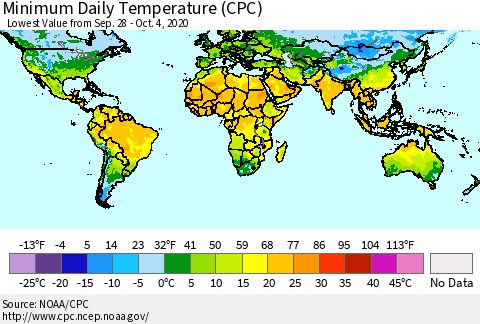 World Minimum Daily Temperature (CPC) Thematic Map For 9/28/2020 - 10/4/2020