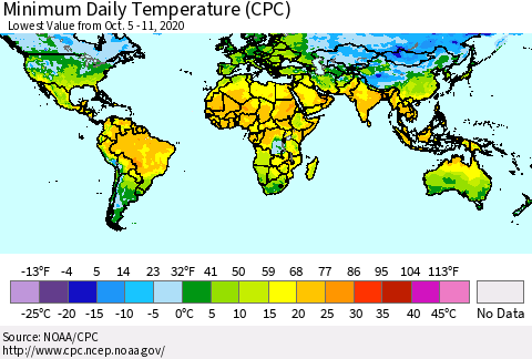 World Minimum Daily Temperature (CPC) Thematic Map For 10/5/2020 - 10/11/2020