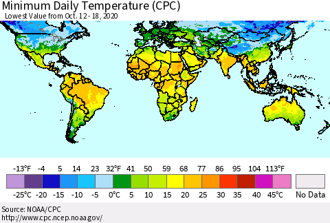World Minimum Daily Temperature (CPC) Thematic Map For 10/12/2020 - 10/18/2020
