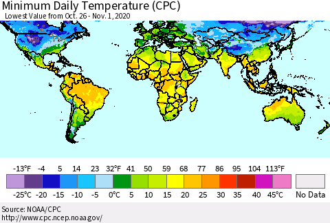 World Minimum Daily Temperature (CPC) Thematic Map For 10/26/2020 - 11/1/2020