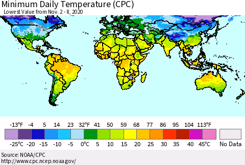 World Minimum Daily Temperature (CPC) Thematic Map For 11/2/2020 - 11/8/2020