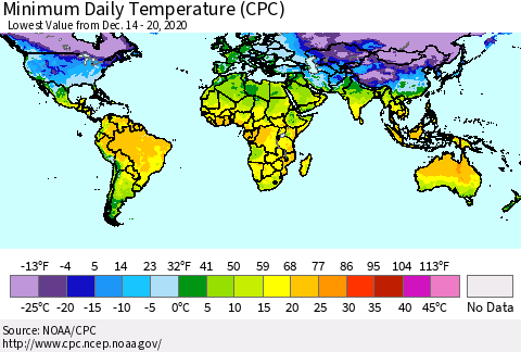 World Minimum Daily Temperature (CPC) Thematic Map For 12/14/2020 - 12/20/2020