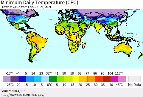 World Minimum Daily Temperature (CPC) Thematic Map For 2/22/2021 - 2/28/2021