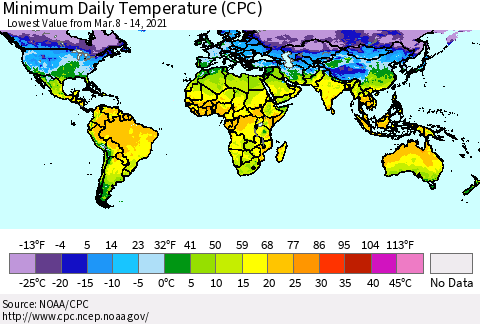 World Minimum Daily Temperature (CPC) Thematic Map For 3/8/2021 - 3/14/2021