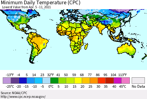World Minimum Daily Temperature (CPC) Thematic Map For 4/5/2021 - 4/11/2021