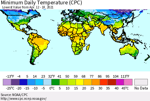World Minimum Daily Temperature (CPC) Thematic Map For 4/12/2021 - 4/18/2021