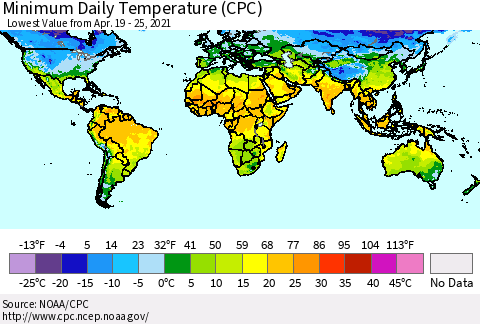 World Minimum Daily Temperature (CPC) Thematic Map For 4/19/2021 - 4/25/2021