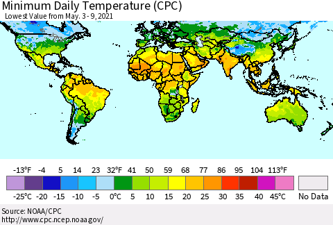 World Minimum Daily Temperature (CPC) Thematic Map For 5/3/2021 - 5/9/2021