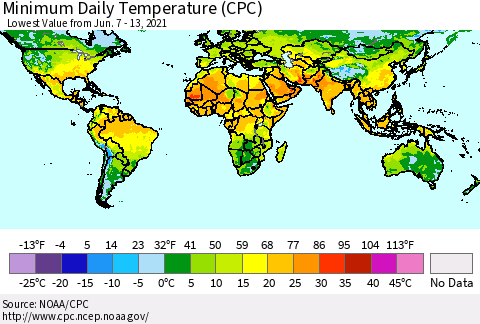 World Minimum Daily Temperature (CPC) Thematic Map For 6/7/2021 - 6/13/2021