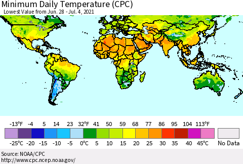 World Minimum Daily Temperature (CPC) Thematic Map For 6/28/2021 - 7/4/2021