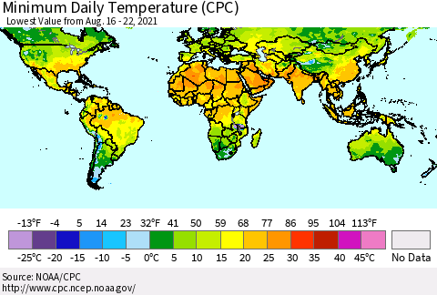 World Minimum Daily Temperature (CPC) Thematic Map For 8/16/2021 - 8/22/2021