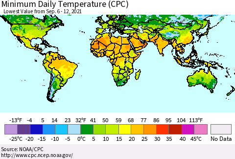 World Minimum Daily Temperature (CPC) Thematic Map For 9/6/2021 - 9/12/2021
