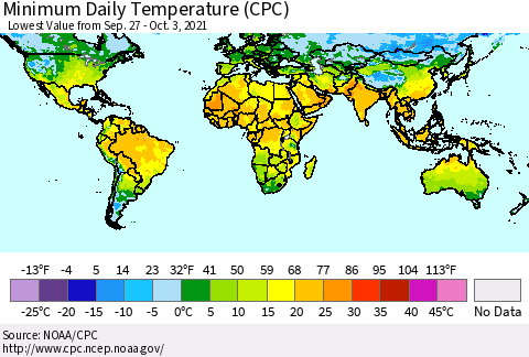 World Minimum Daily Temperature (CPC) Thematic Map For 9/27/2021 - 10/3/2021