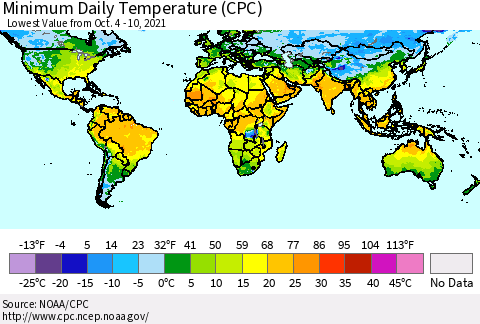 World Minimum Daily Temperature (CPC) Thematic Map For 10/4/2021 - 10/10/2021