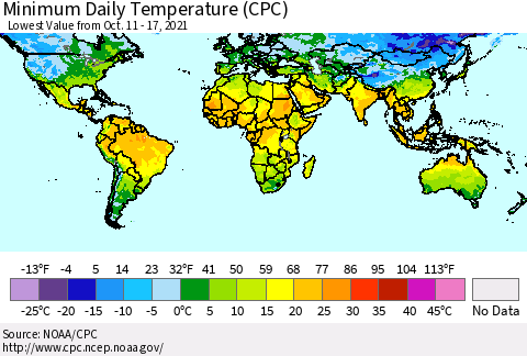 World Minimum Daily Temperature (CPC) Thematic Map For 10/11/2021 - 10/17/2021