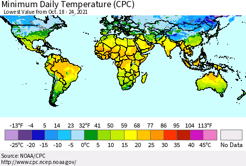 World Minimum Daily Temperature (CPC) Thematic Map For 10/18/2021 - 10/24/2021
