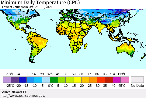 World Minimum Daily Temperature (CPC) Thematic Map For 10/25/2021 - 10/31/2021