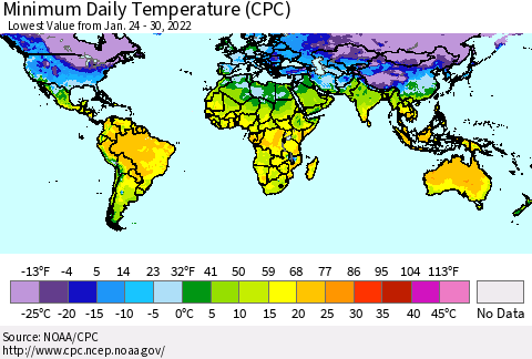 World Minimum Daily Temperature (CPC) Thematic Map For 1/24/2022 - 1/30/2022