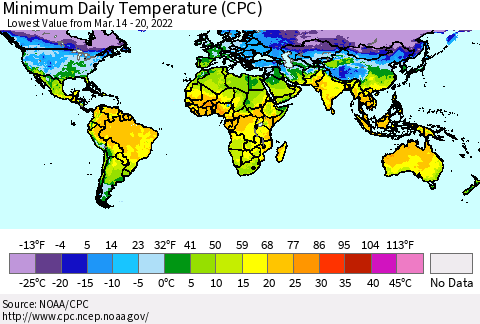 World Minimum Daily Temperature (CPC) Thematic Map For 3/14/2022 - 3/20/2022