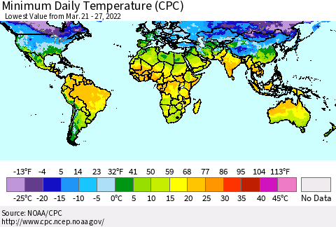 World Minimum Daily Temperature (CPC) Thematic Map For 3/21/2022 - 3/27/2022