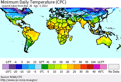World Minimum Daily Temperature (CPC) Thematic Map For 3/28/2022 - 4/3/2022