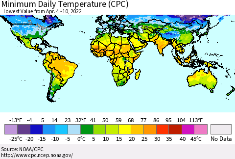 World Minimum Daily Temperature (CPC) Thematic Map For 4/4/2022 - 4/10/2022