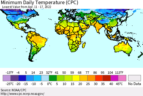 World Minimum Daily Temperature (CPC) Thematic Map For 4/11/2022 - 4/17/2022
