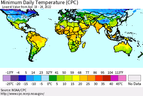 World Minimum Daily Temperature (CPC) Thematic Map For 4/18/2022 - 4/24/2022