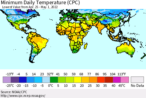 World Minimum Daily Temperature (CPC) Thematic Map For 4/25/2022 - 5/1/2022