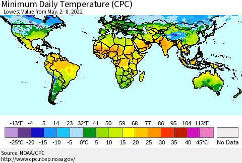 World Minimum Daily Temperature (CPC) Thematic Map For 5/2/2022 - 5/8/2022