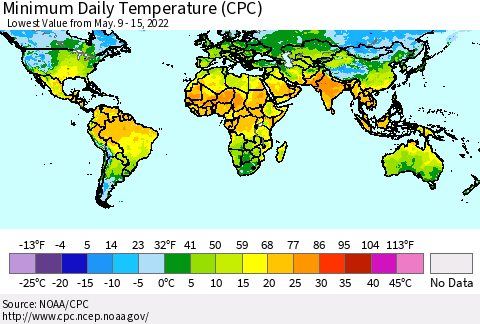 World Minimum Daily Temperature (CPC) Thematic Map For 5/9/2022 - 5/15/2022