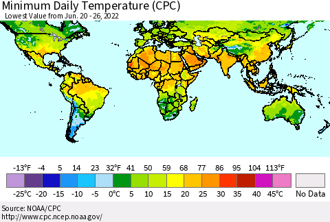 World Minimum Daily Temperature (CPC) Thematic Map For 6/20/2022 - 6/26/2022