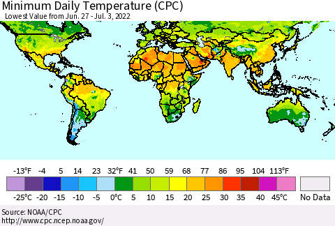 World Minimum Daily Temperature (CPC) Thematic Map For 6/27/2022 - 7/3/2022