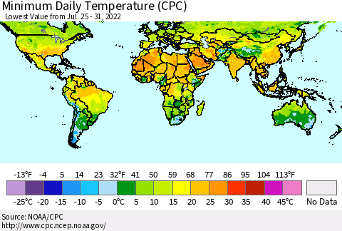 World Minimum Daily Temperature (CPC) Thematic Map For 7/25/2022 - 7/31/2022