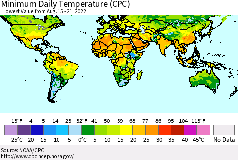 World Minimum Daily Temperature (CPC) Thematic Map For 8/15/2022 - 8/21/2022