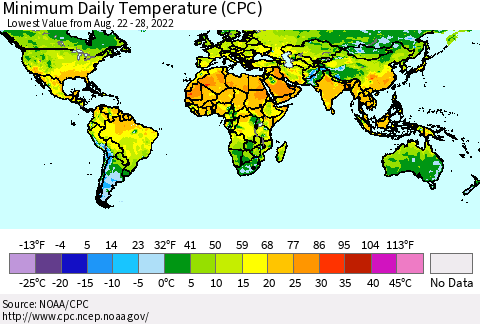 World Minimum Daily Temperature (CPC) Thematic Map For 8/22/2022 - 8/28/2022