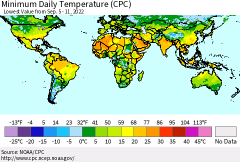 World Minimum Daily Temperature (CPC) Thematic Map For 9/5/2022 - 9/11/2022