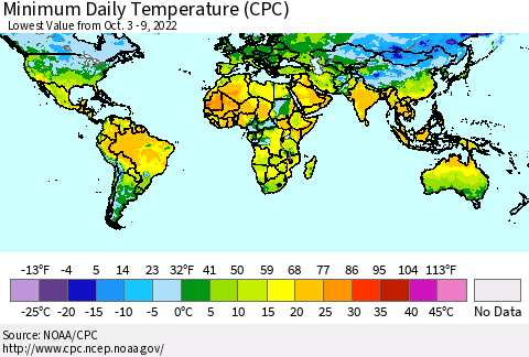 World Minimum Daily Temperature (CPC) Thematic Map For 10/3/2022 - 10/9/2022